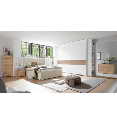 Chambre complète GALIA blanc et chêne lit 160x200 cm avec coffre de rangement 
